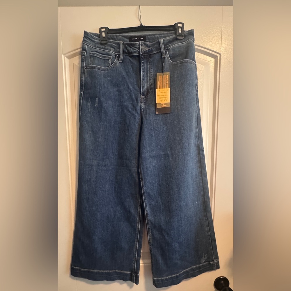 Risen Los Angeles High-Rise Wide Leg Flare Jeans in Dark Blue
